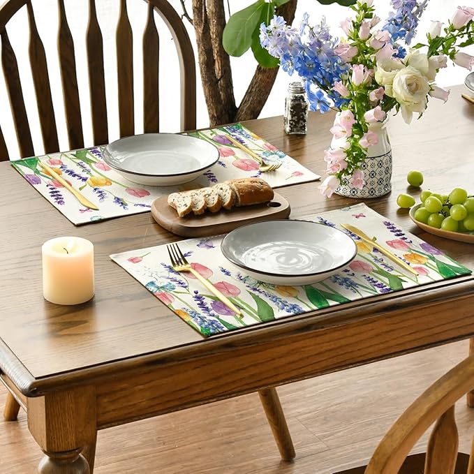 Artoid Mode Lavender Tulip Spring Placemats for Dining Table, 12 x 18 Inch Summer Seasonal Holiday Decoration Rustic Vintage Washable Table Mats Set of 6