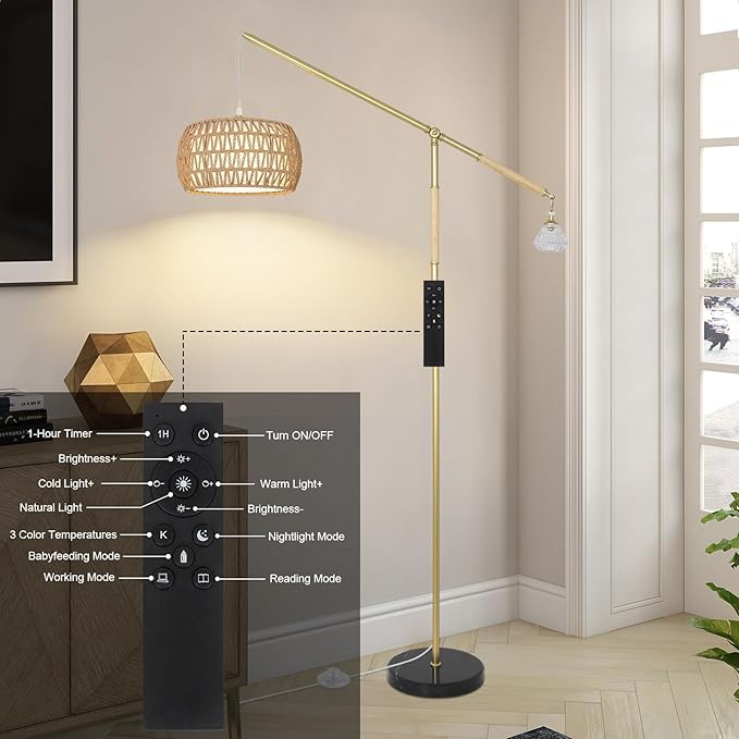 Gold Floor Lamp with 3 Color Temperatures, Floor Lamps for Living Room with Remote and LED Dimmable Bulb, Farmhouse Arc Standing Lamp, Rattan Floor Lamp for Bedroom, Adjustable Over Couch Tall Lamp