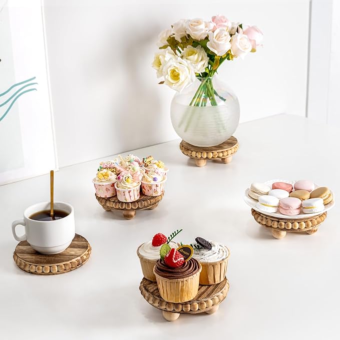 2Pcs Wood Risers for Display Decorative,Round Beaded Riser Distressed for Decor ,Wooden Farmhouse Coasters Mini Cake Stand Plant Stand,Rustic Pedestal Stand Decor Display Risers for Tiered