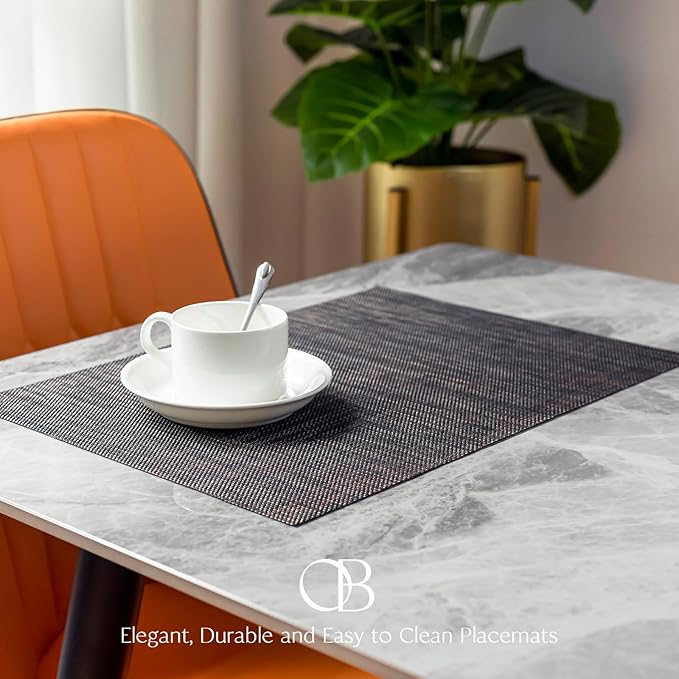 Placemats Set of 12 - Easy Clean Woven Vinyl Placemats for Dining Table, Indoor/Outdoor Place Mats, Washable PVC Table Mats(Black/Brown)
