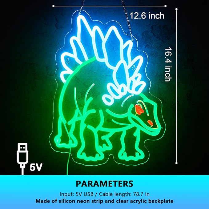 Dinosaur Neon Sign Stegosaur Neon Sign for Wall Decor Dino USB Dimmable Neon Light Sign for Boys Girls Room Gameroom Holiday Birthday Christmas Gift