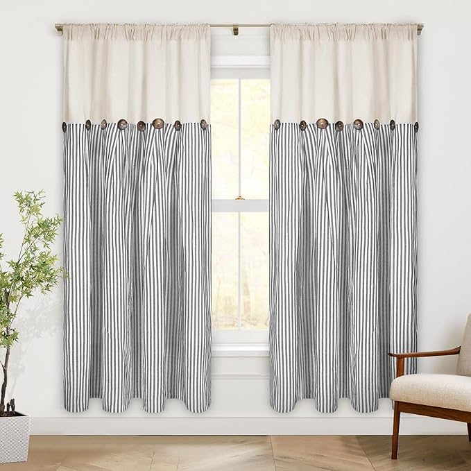 ASPMIZ Cotton Linen Farmhouse Curtains Boho Rustic Button Panel, Linen Window Curtain Panels, Grey Stripe Country Curtain for Living Room, Back Tab Curtains & Drapes for Windows 52 x 63 Inch, 2 Panels