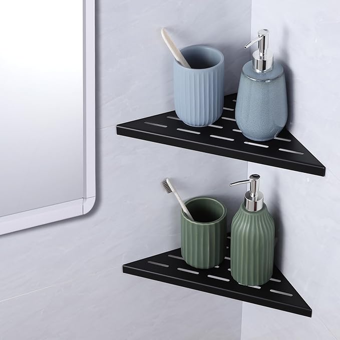 10" Corner Shower Shelf, 2-Pack Bathroom Shelves for Tile Walls, SUS304 Stainless Steel Recessed Shower Shelf, Grout in Corner Organizer Shelves, Matte Black