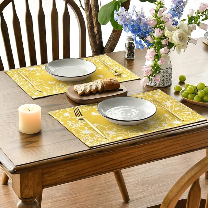 Artoid Mode Yellow Bloom Flowers Floral Spring Placemats Set of 4, 12x18 Inch Seasonal Summer Table Mats for Party Kitchen Dining Decoration