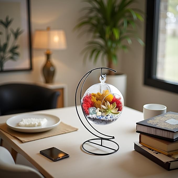 5" Glass Globe Succulent Terrarium Kit, Hanging DIY Starter Kit for Kids and Adult, Metal Stand, Reindeer Moss, Crystal & Rocks, Tools, Figurine (Live Plant Included)