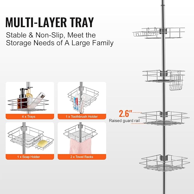 VEVOR Shower Corner Caddy Tension Pole, 42" to 114" High, Multi-Functional Shower Tension Pole with Strong Load-Bearing Tray, Rust-Proof Easy-to-Install, Fit for Bathroom & Washroom