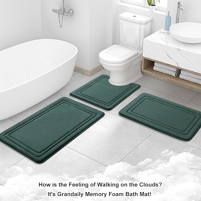 Grandaily Memory Foam Bath Mat Rug 24x16, Ultra Soft, Non-Slip and Absorbent Bathroom Rugs, Machine Wash Dry, Comfortable Bath Carpet for Bathroom Floor, Tub and Shower, Dark Green