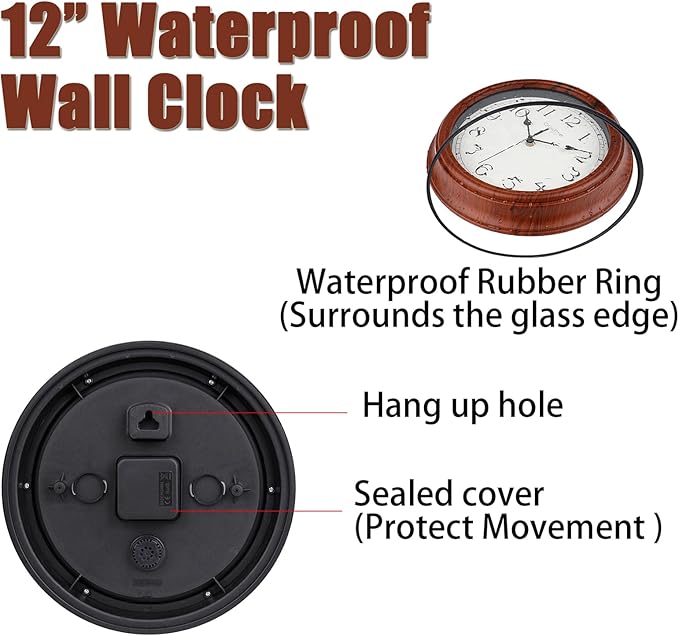 Wall Clock, Wood Grain Silent Non-Ticking Classic Retro, Battery Operated Wall Clocks for Living Room Kitchen Bathroom Home Decor- 12 Inch,Brown,Waterproof