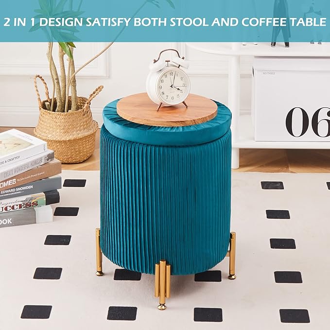 Mxfurhawa Round Ottoman Foot Stool with Storage and Metal Legs for Living Room Bedroom, Velvet Upholstered Footrest Stool Support 300lbs Modern Padded Seat Ottoman Coffee Table (Teal)