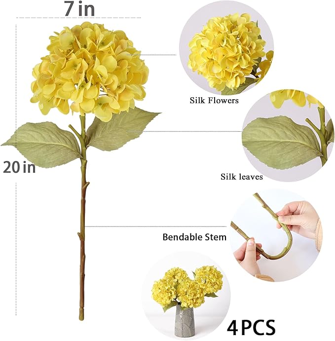 mizii 4Pcs Yellow Artificial Hydrangea Flowers Large Fake Silk Hydrangea Flower with Leaves Stems Realistic Faux Hydrangeas Decorations for Wedding Table Centerpieces Vase Home Decor (Yellow)