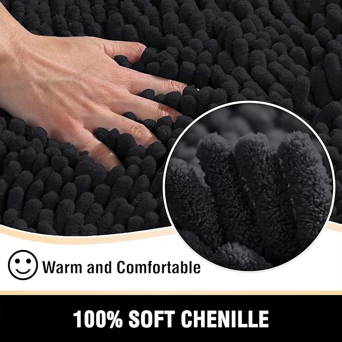 H.VERSAILTEX Bathroom Rugs Bath Mats Non Slip Chenille Bathroom Runner Rug 47x17 Extra Soft and Absorbent Shaggy Rugs Washable Dry Fast Plush Area Carpet Mats for Bath Room, Tub - Black