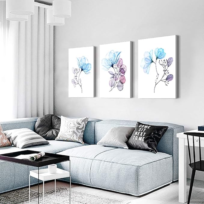 Modern blue flowers Canvas Wall Art for bedroom Living Room,Bathroom Wall Decor,3 Panels Wall Painting Home Decoration kitchen Canvas Print Abstract watercolor flowers and leaves artwork wall mural