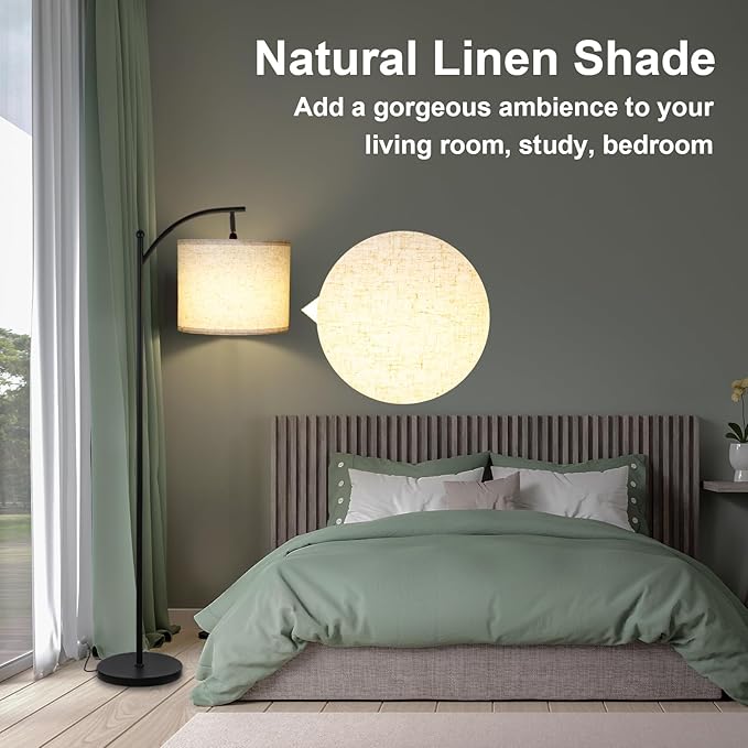 Modern Floor Lamp, 3-Ways Dimmable Standing Lamp with Linen Shade, Adjustable Height, Foot-Step Switch, Reading Lamp for Living Room, Bedroom, Office, 9W Bulb Included (Black)