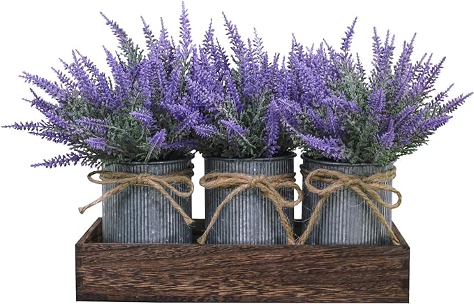Set of 3 Small Potted Plants Arrangement Artificial Lavender Flower Plants in Rustic Galvanized Metal Pots with Decorative Wood Tray for Farmhouse Table Centerpiece Windowsill Country Indoor Decor