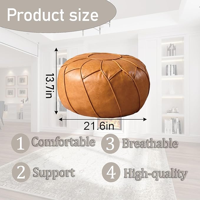 Louis Donné Unstuffed Pouf Cover, Round Foot Stool Ottoman for Foot Rest, Storage Bean Bag Floor Chair, Waterproof Faux Leather Pouffe, Footstool for Living Room, Kids Room or Bedroom (Yellowish)