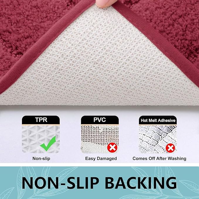 Buganda Bathroom Rugs, 24" x 16", Soft and Absorbent Microfiber Bath Rugs, Non-Slip Shaggy Shower Carpet, Machine Wash Dry Bath Mats for Bathroom Floor, Tub and Shower, Burgundy