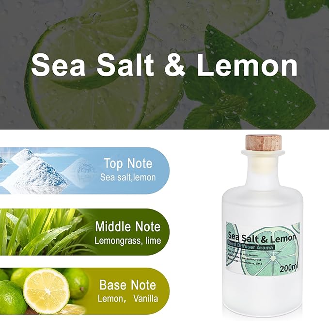 Reed Diffuser Set - Sea Salt & Lemon Essential Oil with Rattan Sticks, 200ml(6.8fl oz) Long Lasting Aroma Oils, Bathroom Air Freshener, Home Fragrance for Room Decor