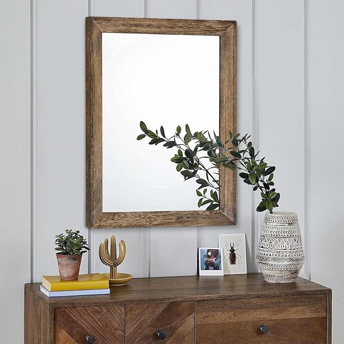 AAZZKANG Rustic Wood Mirror Rectangle Decorative Wall Mirrors with Frame Large 20"x16"for Bedroom Living Room Bathroom Entryway Hanging Brown