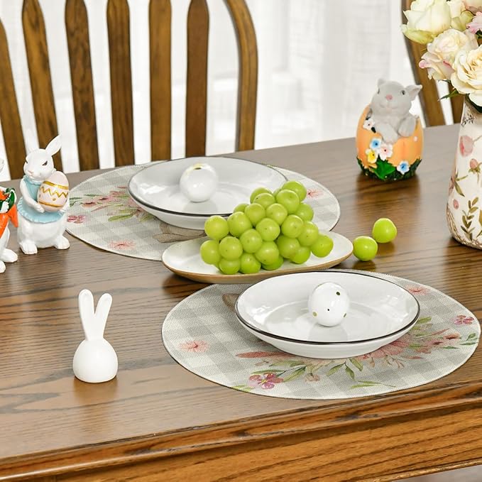 Artoid Mode Bunny Rabbit Ears Buffalo Plaid Flower Easter Round Placemats Set of 4, 15 Inch Spring Table Mats for Party Kitchen Dining Decoration