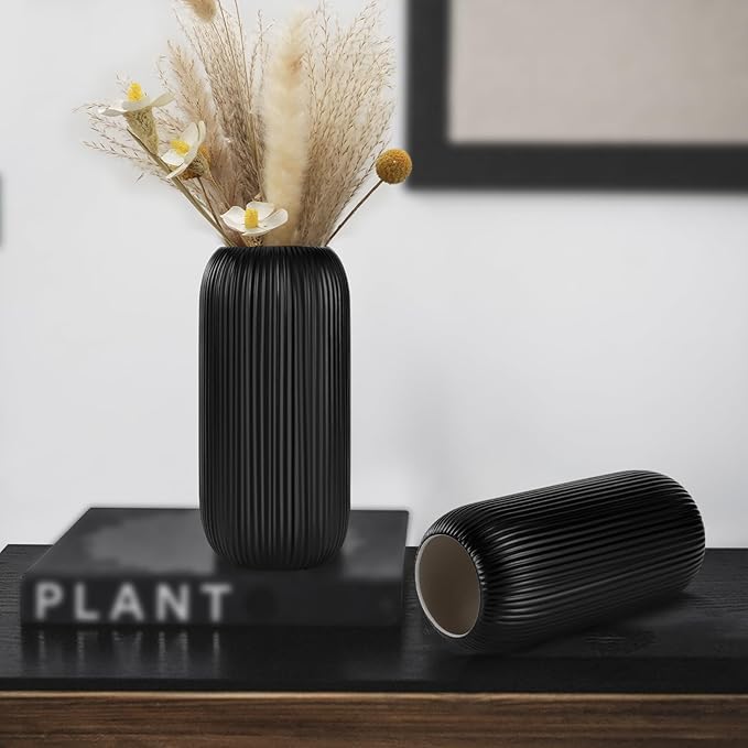 Matte Black Ceramic Vase for Flowers, 8 INCH Modern Small Ribbed Textured Matte Black Flower Vase for Home Decor, Pampas Grass, Decorative, Farmhouse, Coffee Table, Bookshelf and Home Living