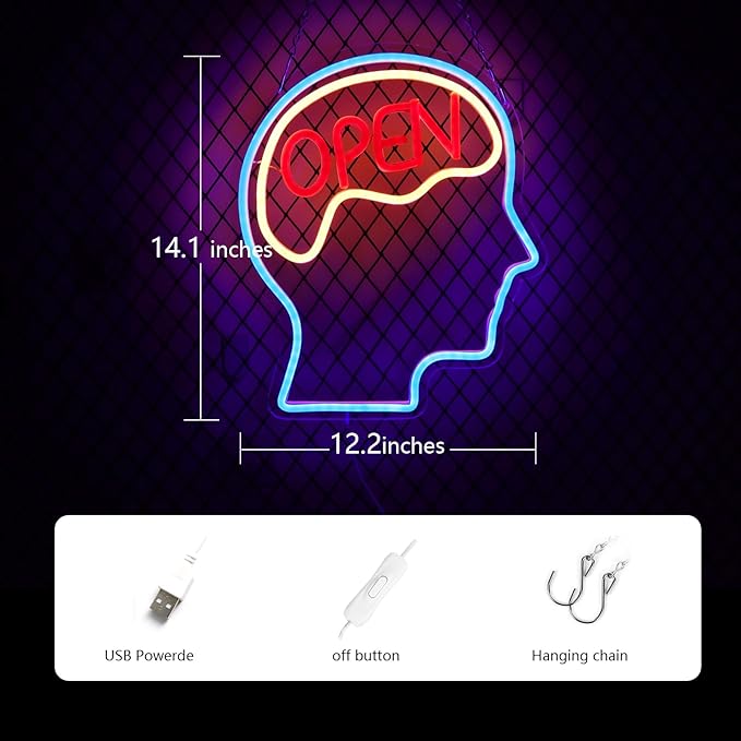 JFLLamp Open Mind Brain Neon Signs for Wall Decor Neon Lights for Bedroom Suitable for Man Cave Bar Pub Office School Christmas Birthday Party 5V Power Adapter, 14.1 * 12.2 Inch(Blue+Warm White+Red)