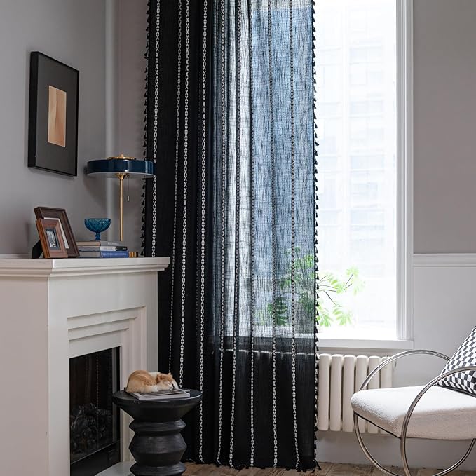 ColorBird Black Curtains for Living Room, 2 Panels Linen Curtains 84 Inches Long, Boho Room Darkening Black Drapes, Embroidered Window Curtains for Bedroom Door Office