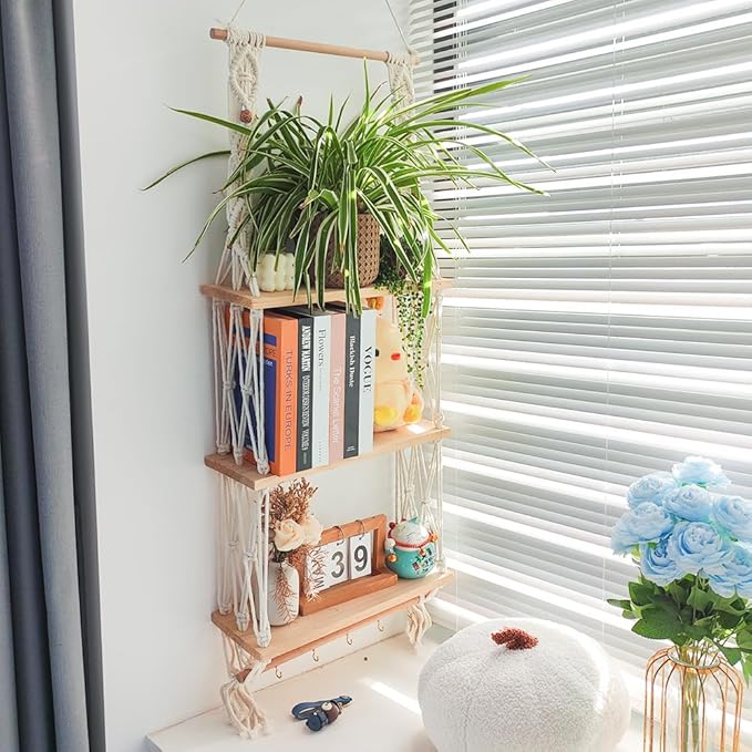 Wall Hanging Shelves Macrame Boho Floating Plant Photos Storage Rack Wood Shelf with Hooks for Bedroom Living Room Bathroom (3tier Shelves)
