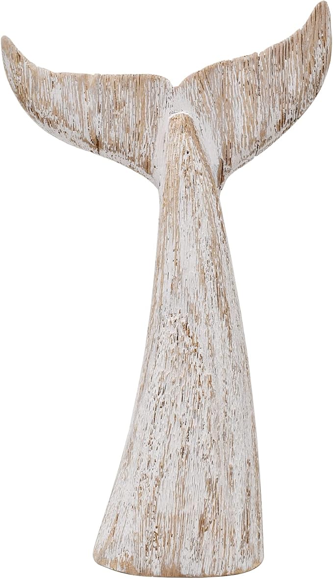 Linfevisi Wooden Whale Tail Decor Tabletop Nautical Decor Solid Wood Whales Tail Statue Sculpture Standing Coastal Decor Beach Figurines for House Sea Decor for Bathroom Ocean Theme Home Decor 13.6" H