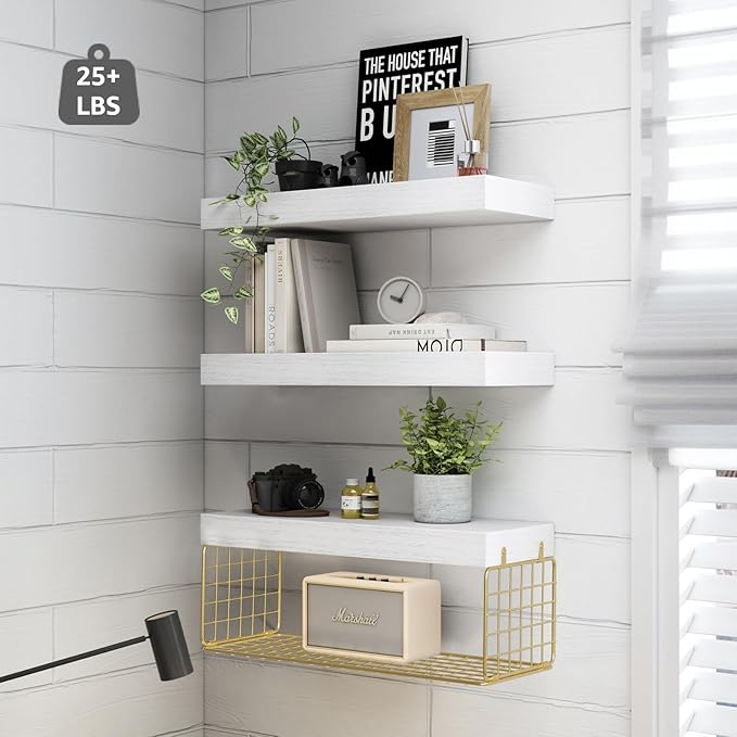 QEEIG Bathroom Shelves Over Toilet - Wall Mounted Floating Shelves Toilet Paper Storage Small Modern Decor Shelf 16 inch Set of 3, White and Gold (019-WG3)