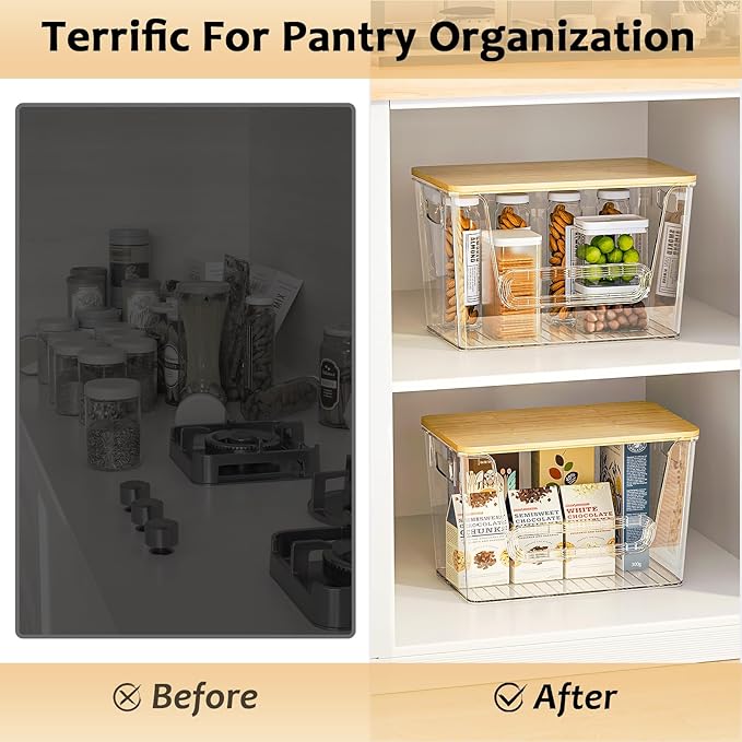 Delamu 2 Set Pantry organizers and Storage,kitchen organizers and storage with Bamboo Top,Stackable Garbage Bag Organizer for 4-30 Gal Bags,Onion,Potato,Fruits,Clear(11.22" L *7" W*7.12" H)