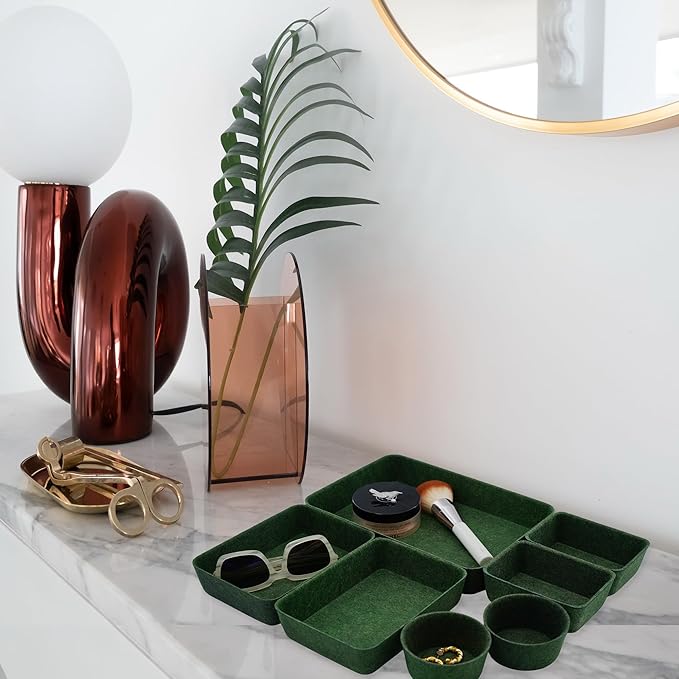 Welaxy quiet luxury Drawer organizer trays felt storage bin divider boxes office home interior cozy decor entryway catchall key holder makeup pens decluttering 7-piece gift idea (Forest Green)
