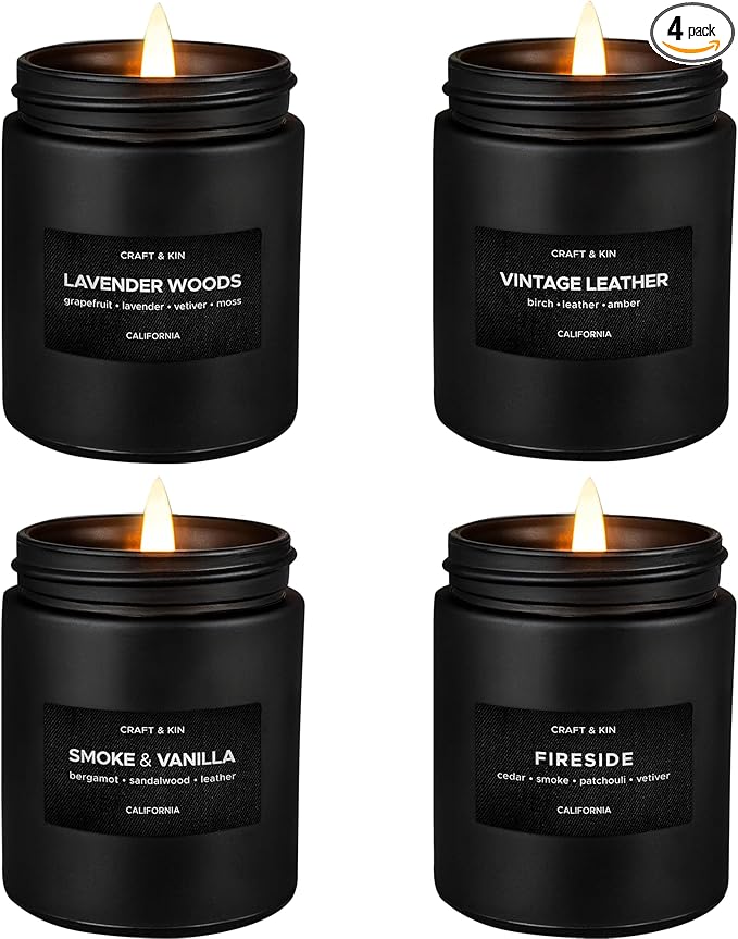 Craft & Kin Scented Candles Set for Men | Vintage Leather, Lavender & Wood, Fireside, Wood & Vanilla Scented Candle for Home | Soy Candles for Home Scented | Masculine Candle, Gifts for Men
