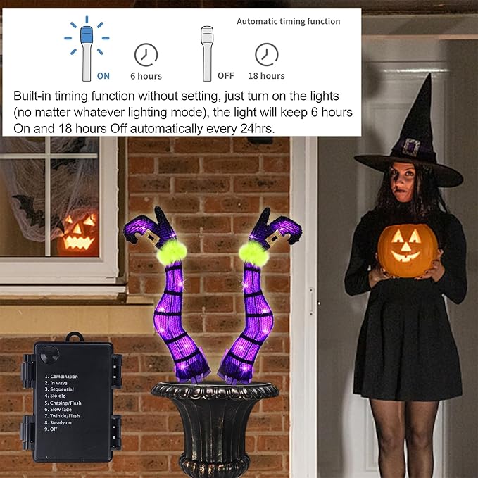 Juegoal Set of 2 Halloween Lighted Wicked Purple Witch Legs with Stakes, 22" Light Up Tinsel Halloween Yard Sign Prop Timer & 8 Modes, Battery Operated for Outdoor Party Haunted House Garden Decor