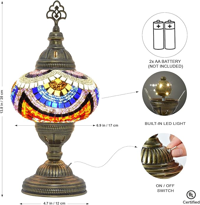 mozaist Battery Operated Turkish Lamp with Built-in LED Light, Cordless Mosaic Table Lamp, Moroccan Decorative Glass Vintage Lamp Shade, Portable Desk Bedside Stained Glass Lamp
