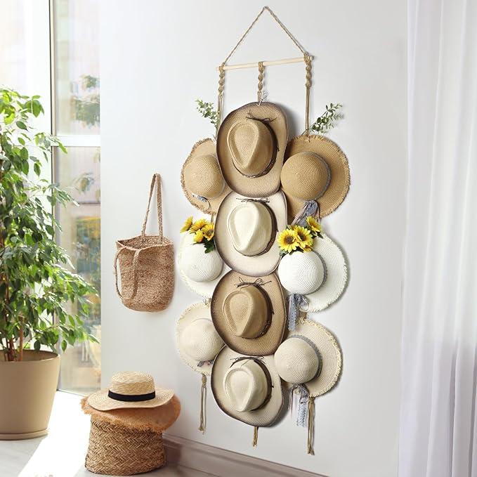 Hat Organizer for Wall Mount 15x53in Boho Hat hanger with 10 Clips Macrame Hat Rack for Wide Brimmed Hat Display Women Hat Holder Western Decor for Fedora Cowboy Beach Hat Brown