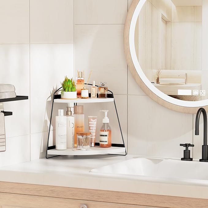 Puricon Bathroom Counter Organizer, 2 Tier Corner Countertop Storage Shelf Bathroom Sink Organizer, Wood Triangle Bathroom Organization for Skincare Kitchen Vanitity -White, 2 Pack