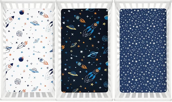 3 Pack Fitted Crib Sheets, Ultra Soft Breathable Comfortable Baby Sheet Set for Boys Girls Neutral, 28x52 Inch Fits Standard Crib and Toddler Mattresses, Space