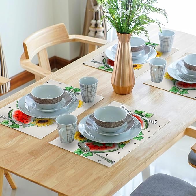 Summer Watermelon Placemat Set of 4,Sunflowers Table Mats Non Slip Heat-Resistant Washable Table Place Mats for Kitchen Dining Table Home Decoration 12 x 18 Inch