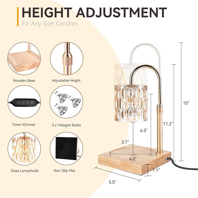 Candle Warmer Lamp with 3 Bulbs, Adjustable Height Dimmable Candle Warmer with Timer, Compatible with Large Jar Candles, Candle Lamp with Charming Gift Box Ribbon for Her/Him(2 Pack)
