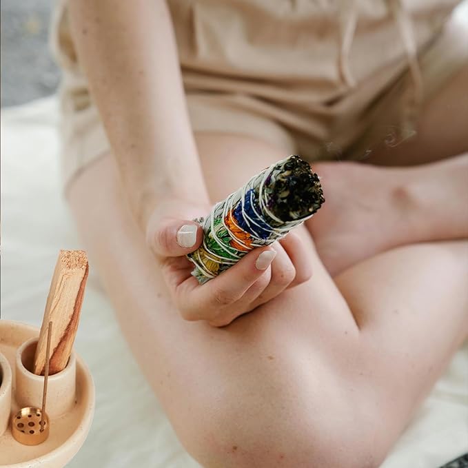 4 in 1 Incense Holder, Ceramic Incense Stick and Palo Santo Holder,Sage Holder for Burning- 4.25" Ceramic Ash Catcher Tray for Meditation and Yoga Room (Sand) 1