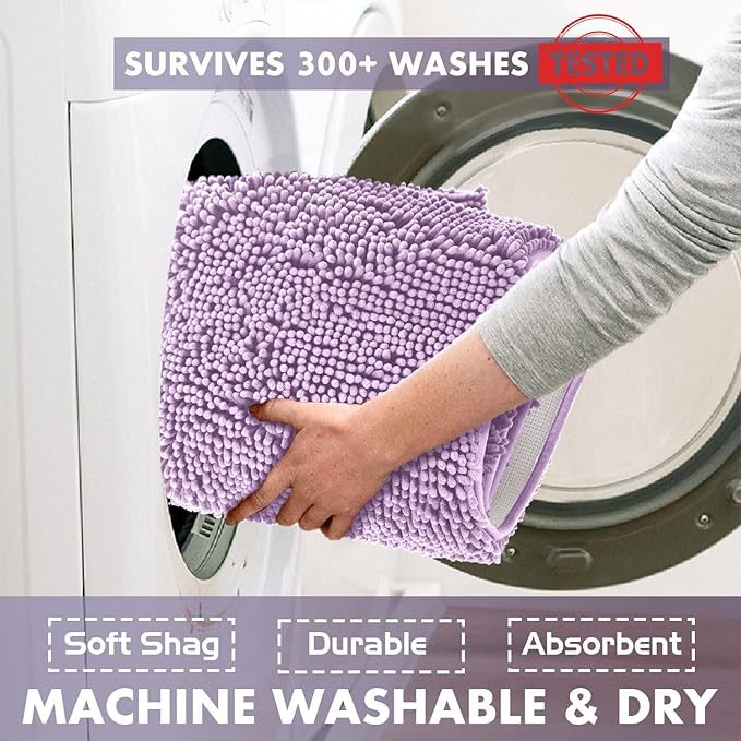 LuxUrux 2-Piece Bathroom Rug Set – Plush Chenille Runner & U-Shaped Toilet Mat, Soft, Absorbent & Non-Slip Design (20x20 U & 27x47 inches, Lavender)