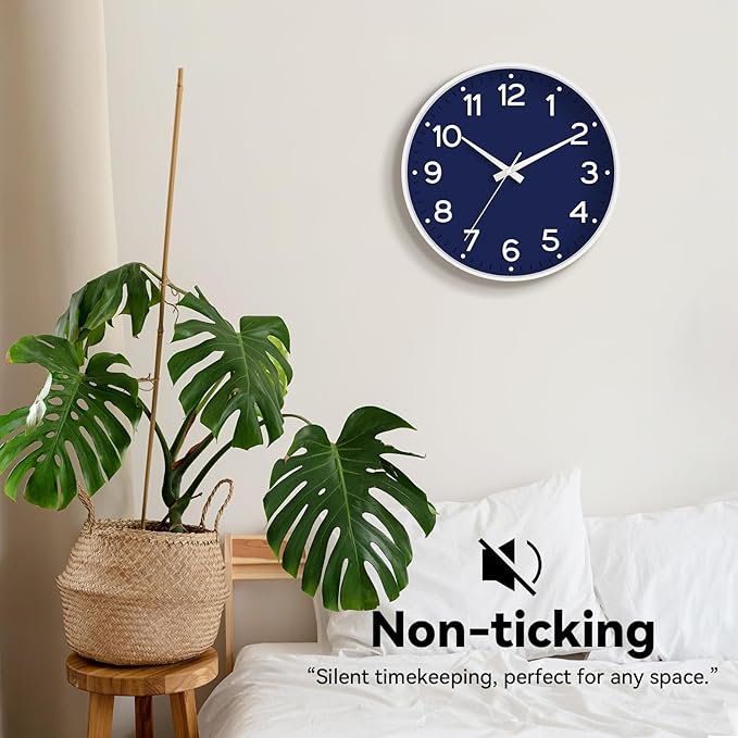 Wall Clock 12 Inch Silent Wall Clocks Battery Operated- Modern Non Ticking Analog Clock Decorative for Living Room Bedroom Office Kitchen(Navy Blue)