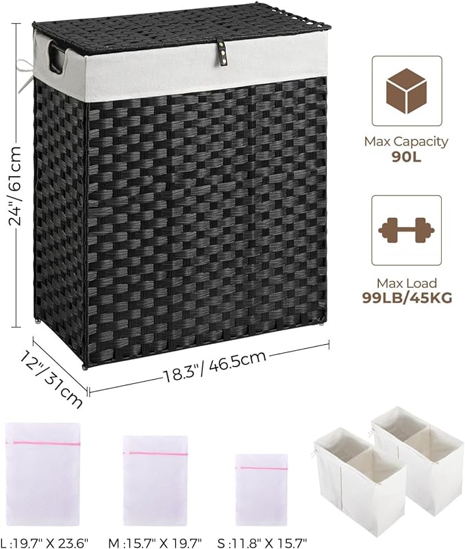 Greenstell Laundry Hamper with 2 Removable Liner Bags, Foldable Divided Clothes Hamper, 90L Handwoven Synthetic Rattan Laundry Basket with Lid and Handles, Easy to Install Black 18.3x13.3x24 Inches
