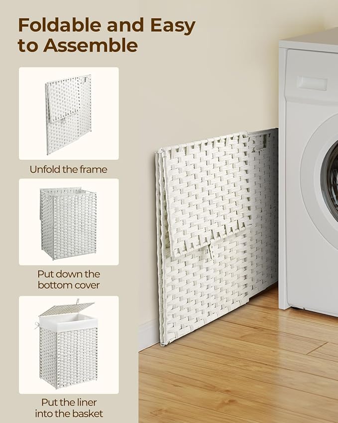 Greenstell Laundry Hamper with Lid, 60L Clothes Hamper with 2 Removable Liner Bags & 2 Mesh Bags, Handwoven Synthetic Rattan Basket, Toys in Bathroom, Bedroom White