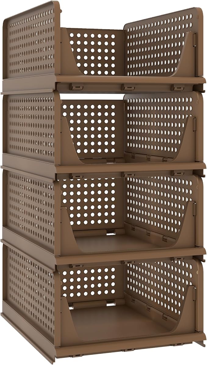 Pinkpum 4 Pack Folding Closet Organizers Storage Box, Stackable Plastic Drawer Basket for Clothing, Stackable Storage Bins Shelf Storage Container for Closet Wardrobe Bedroom Bathroom Office (Toffee)