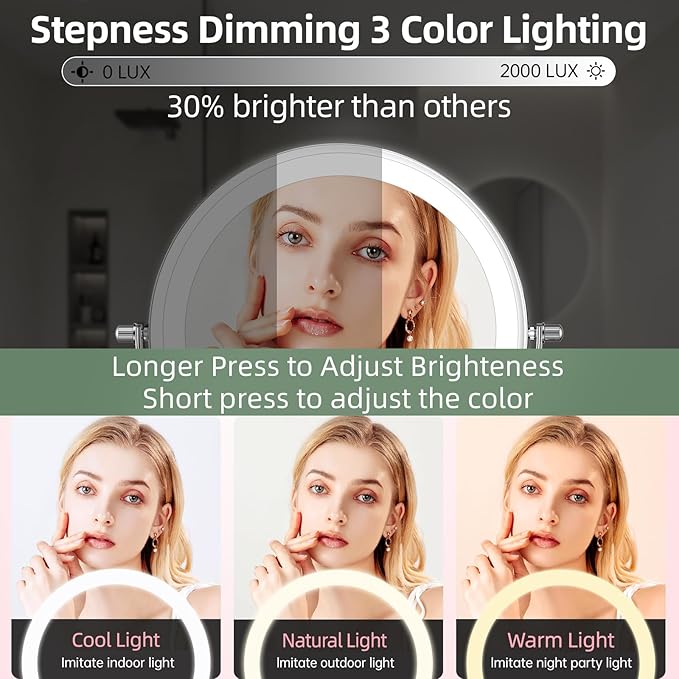 FUNTOUCH Wall Mounted Lighted Makeup Mirror, Rechargeable 8" Double-Sided LED Make up Mirror 1X/10X Magnification, 3 Color Lights Dimmable 360Β° Rotation Wall Mount Mirror with Extension Arm and Hooks