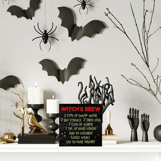 Halloween Witch's Brew Wooden Sign Decor - Kitchen Desk Block Sign for Home Table Shelf - 5 x 5 Inch