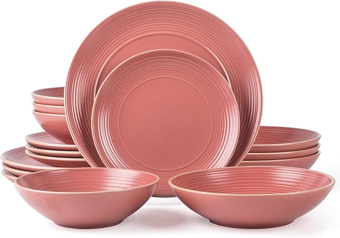 RINGAR Round Stoneware 16pc Double Bowl Dinnerware Set for 4, Dinner Plates, Side Plates, Cereal Bowls, Pasta Bowls - Speckle Matte Red (395438)
