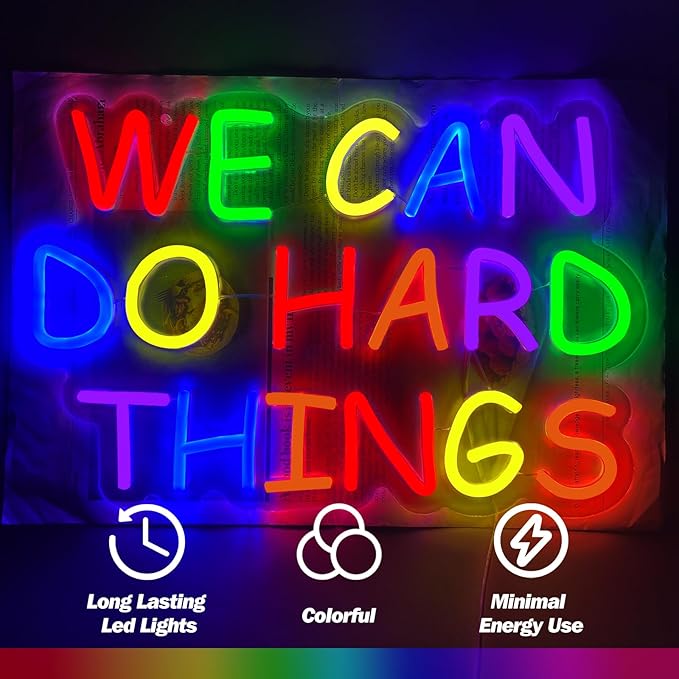 Goneons We Can Do Hard Things Dimmable Colorful Neon Light Sign for Wall Decor,USB Powered LED Neon Sign for Kids Wall Art Classroom Bedroom Living Room Birthday Game Room School Decor