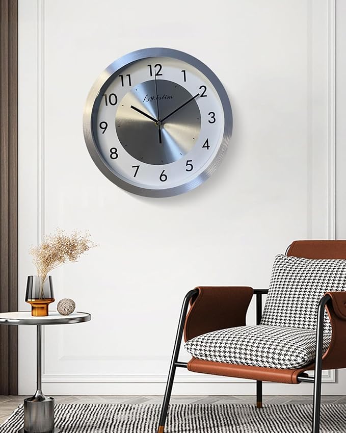 Non Ticking Silent Wall Clock Decorative,Analog Metal Wall Clock Battery Operated,Bedroom/Living Room/Office/Kitchen Clock,White,10 inch